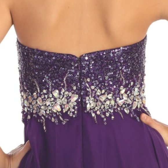 NEW LONG SLEEVELESS A-LINE CHIFFON DRESS EMBROIDERED WITH RHINESTONES GL1060 - Picture 10 of 11